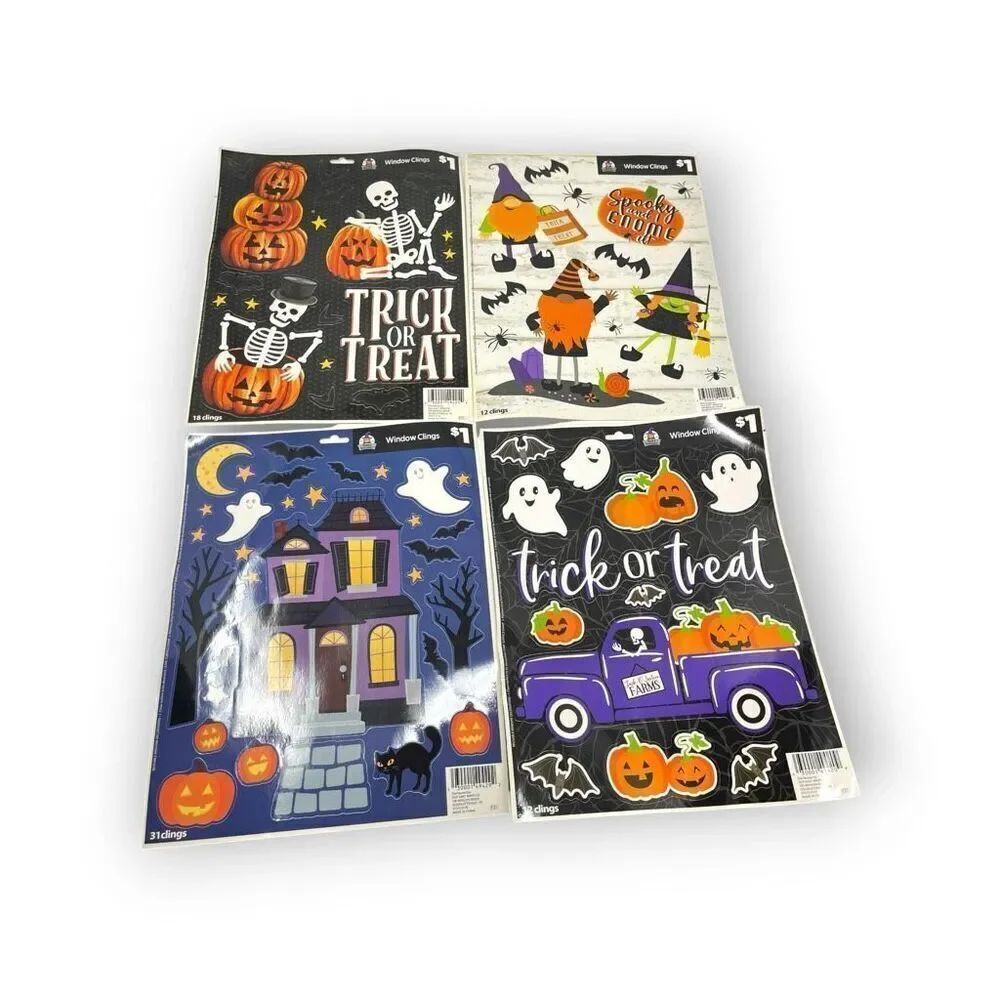 Vintage Halloween Print Window Clings Trick or Treat Ghost Pumpkin Gnomes Skelly
